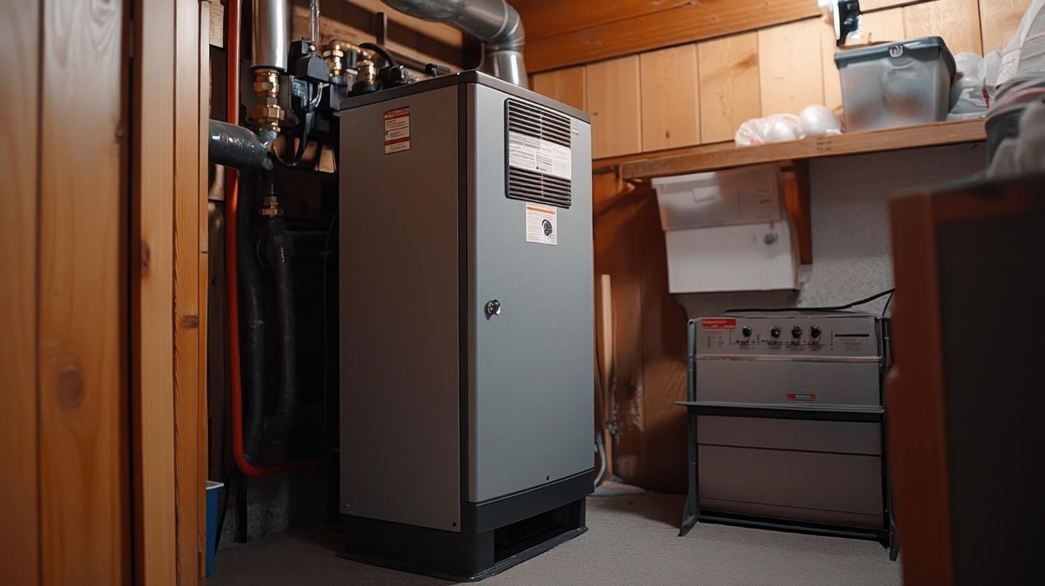 A furnace in a wooden-walled basement with a control panel and shelf.