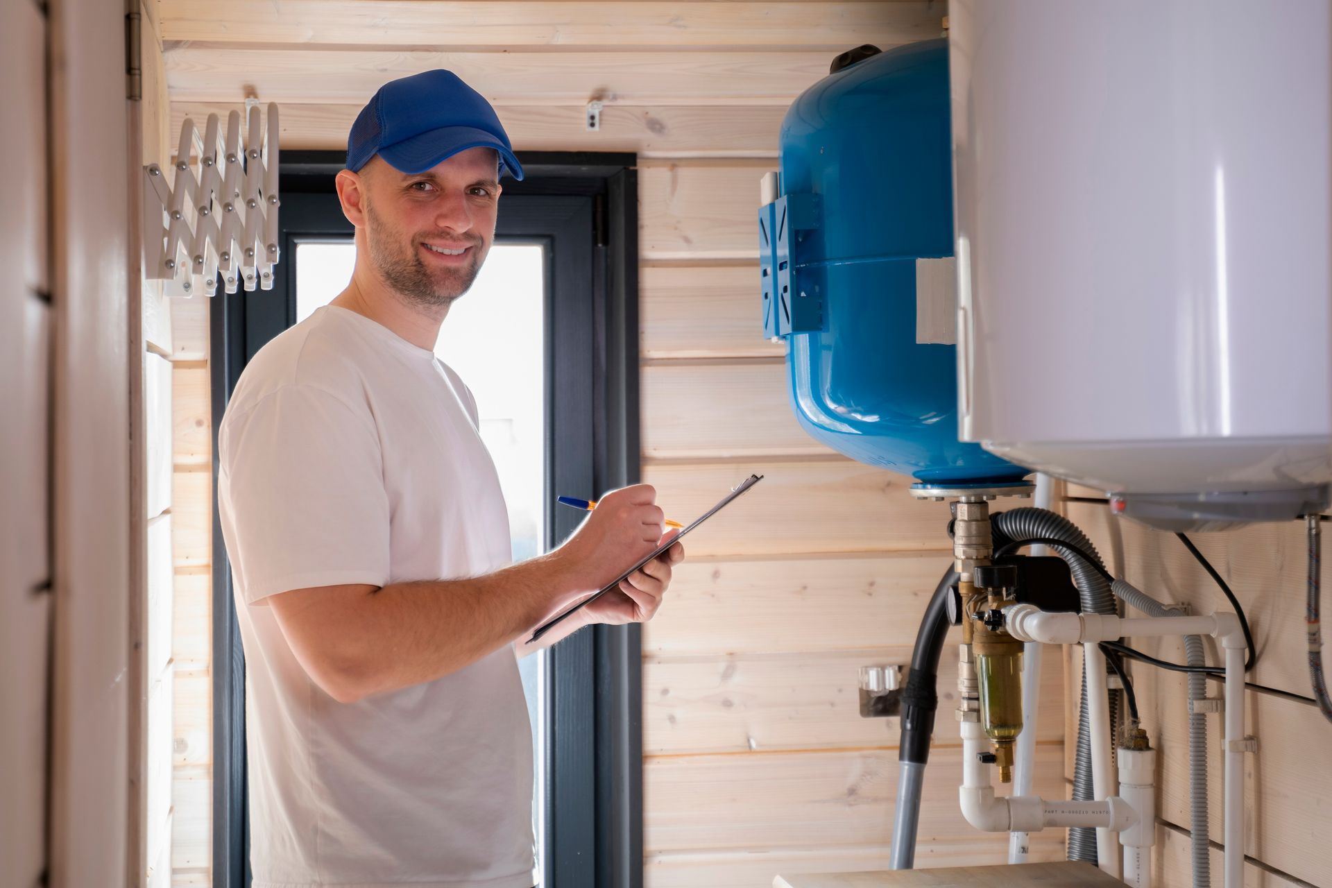 Man in blue cap inspecting water heater, holding clipboard, in a room with wood paneling.