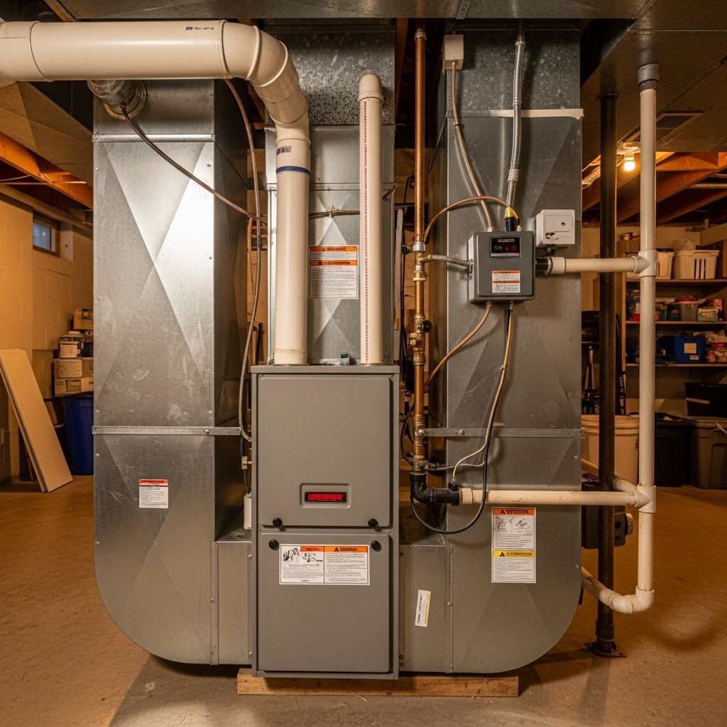 Furnace and ductwork in a basement. Metal and PVC pipes, gray furnace, warning labels.