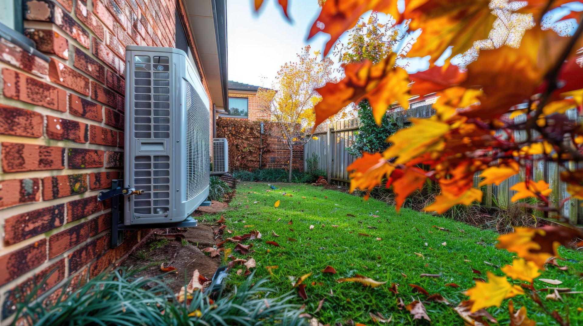 A brick wall with a air conditioner mounted on it in a backyard.