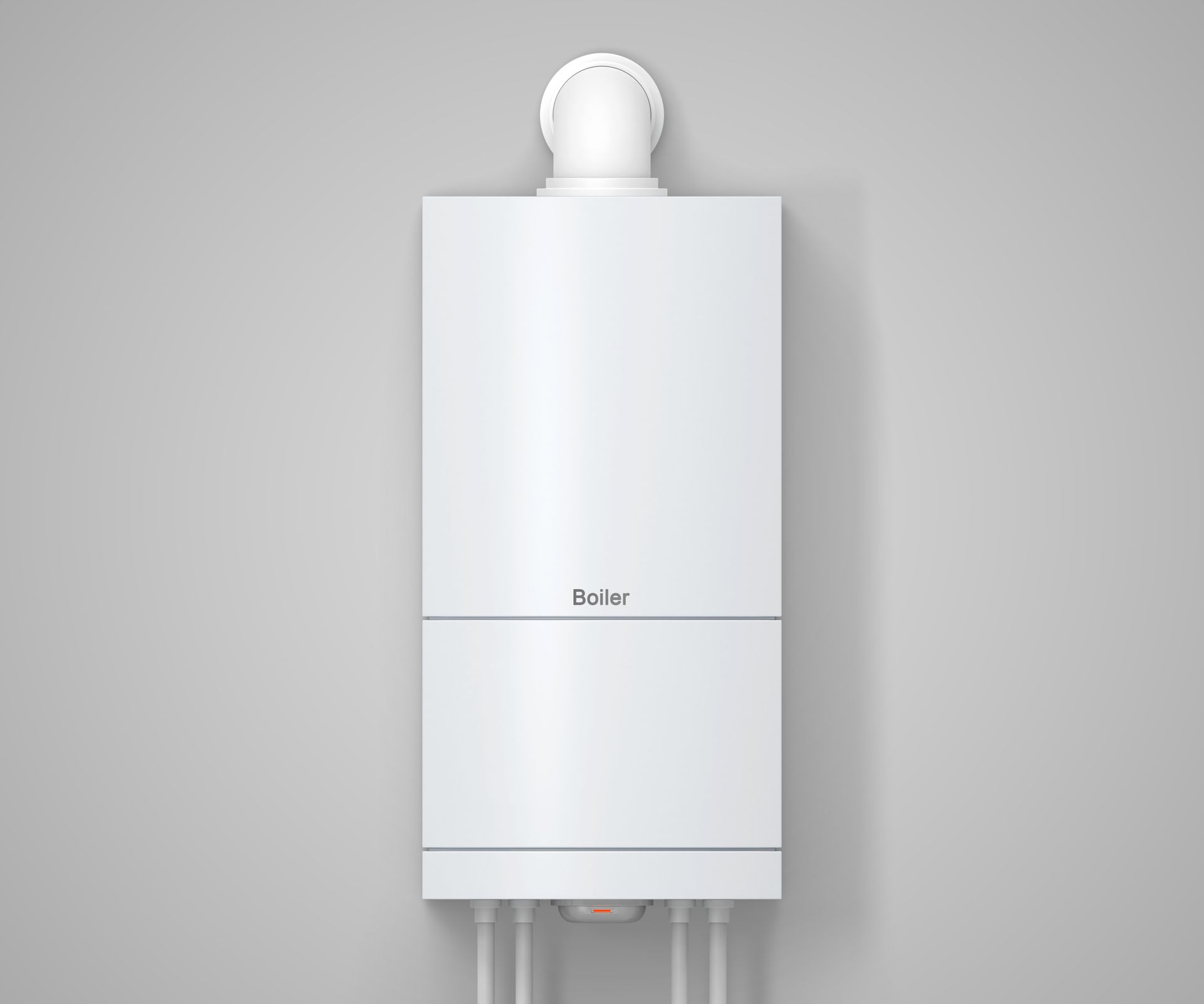 A white boiler is hanging on a white wall.