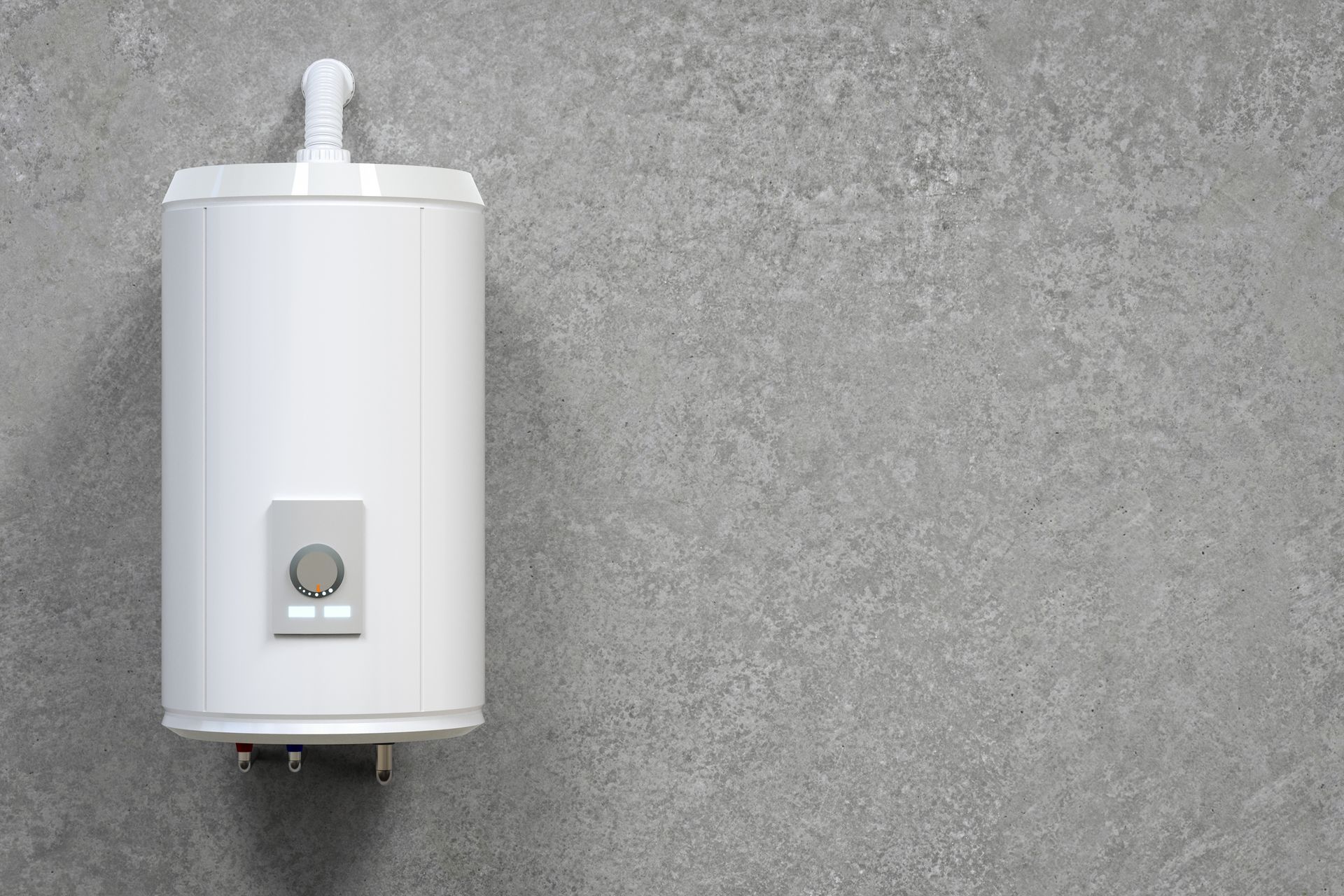 A white water heater is hanging on a gray wall.