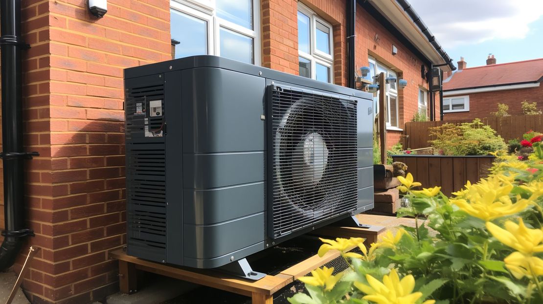 A large air conditioner is sitting outside of a brick house.