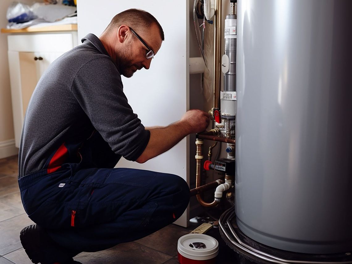 A man is working on a water heater in a kitchen