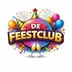 Kleurrijk DE FEESTCLUB-logo met ballonnen, confetti en een feestelijk ontwerp.