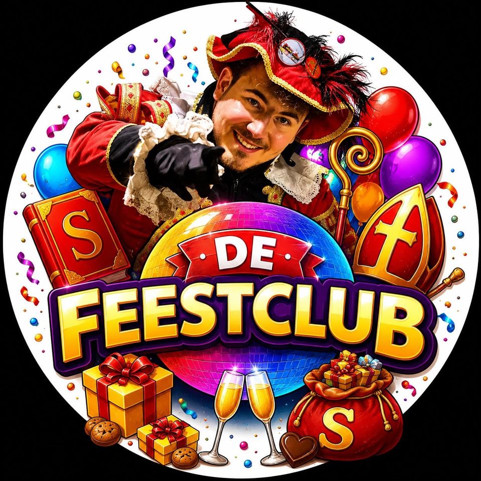 Feestelijk clublogo met een lachende man met een rode hoed, omringd door cadeaus, ballonnen en champagneglazen.