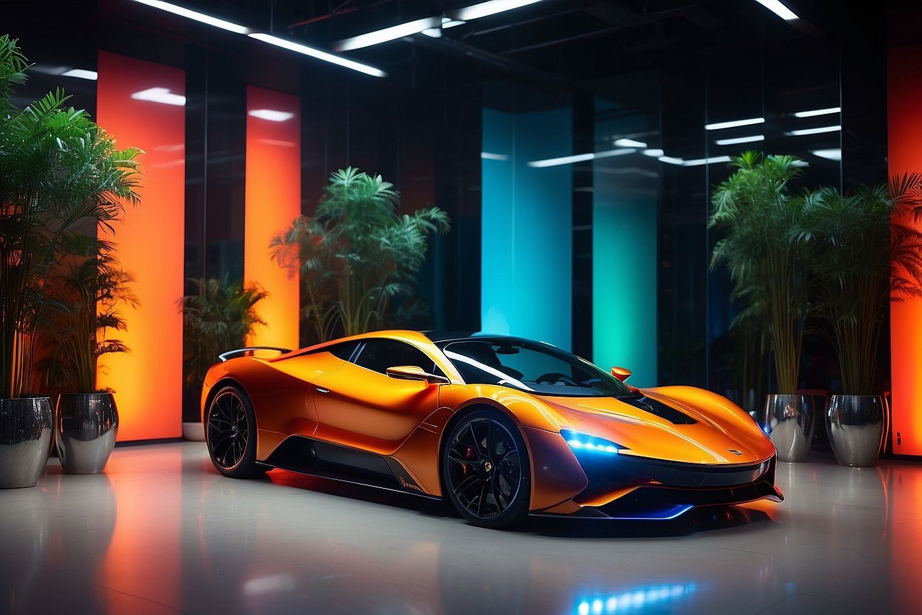 An orange sports car is parked in a garage surrounded by plants.