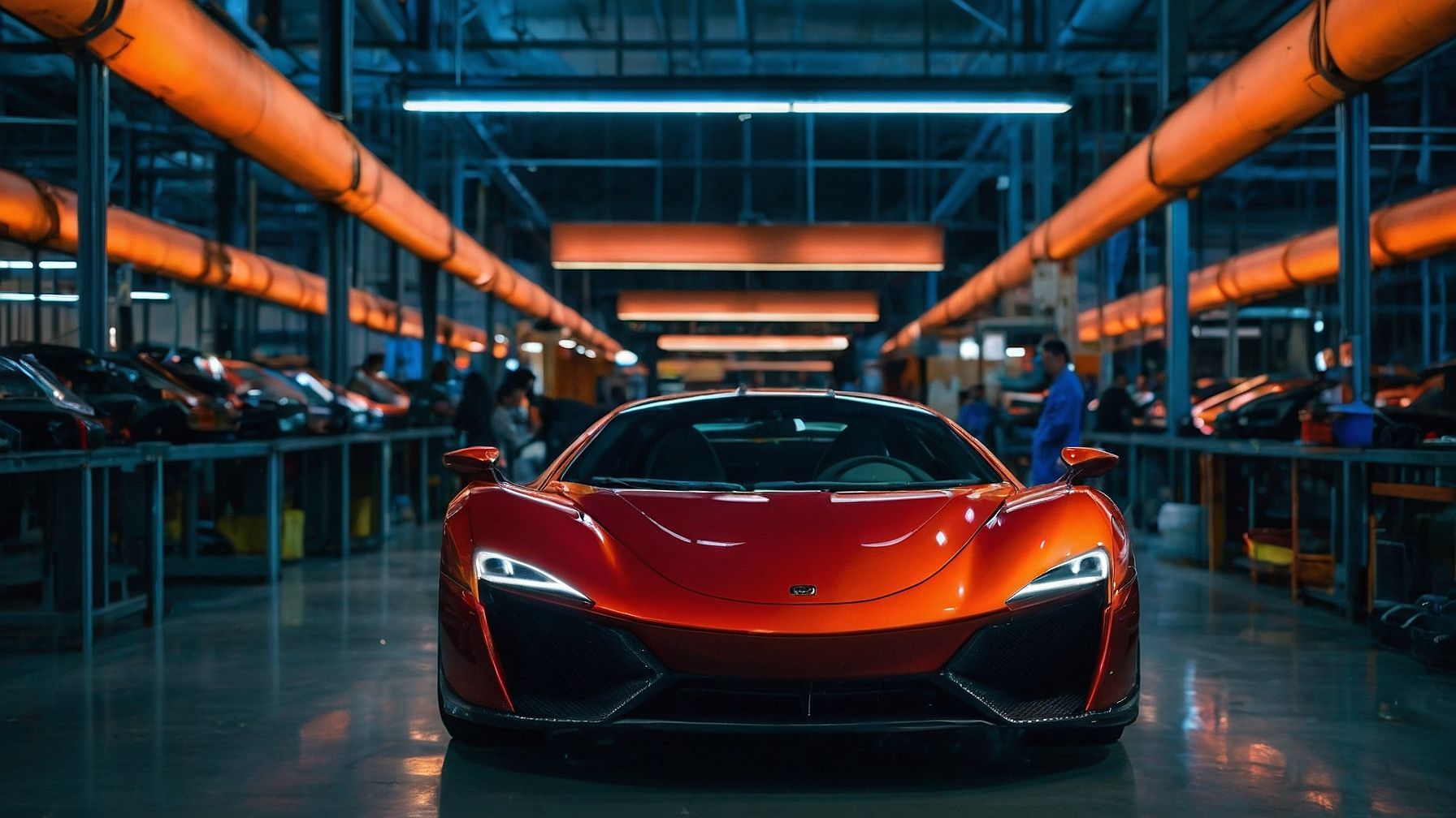 A red sports car is parked in a factory.