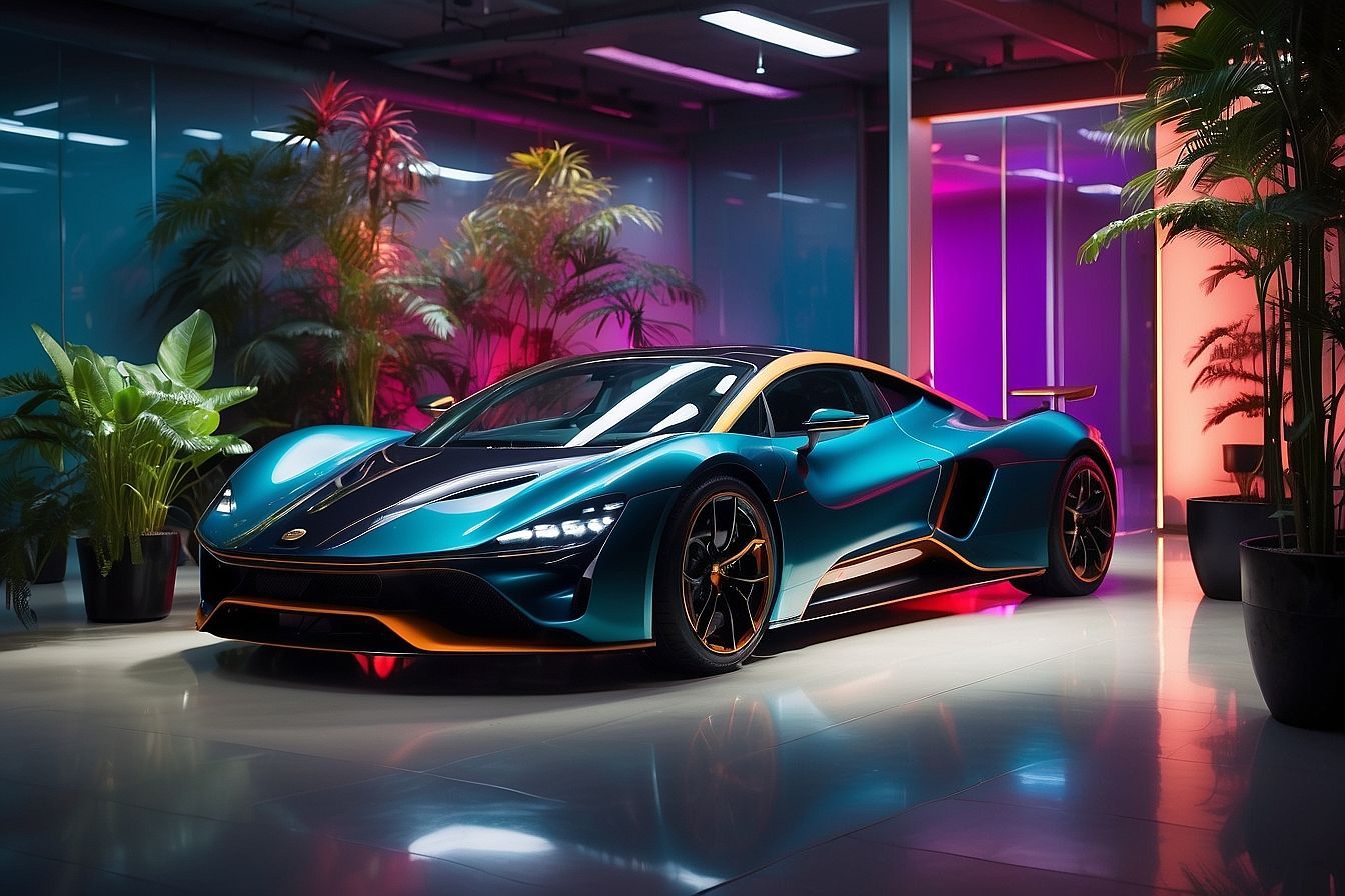 A blue sports car is parked in a garage surrounded by potted plants.