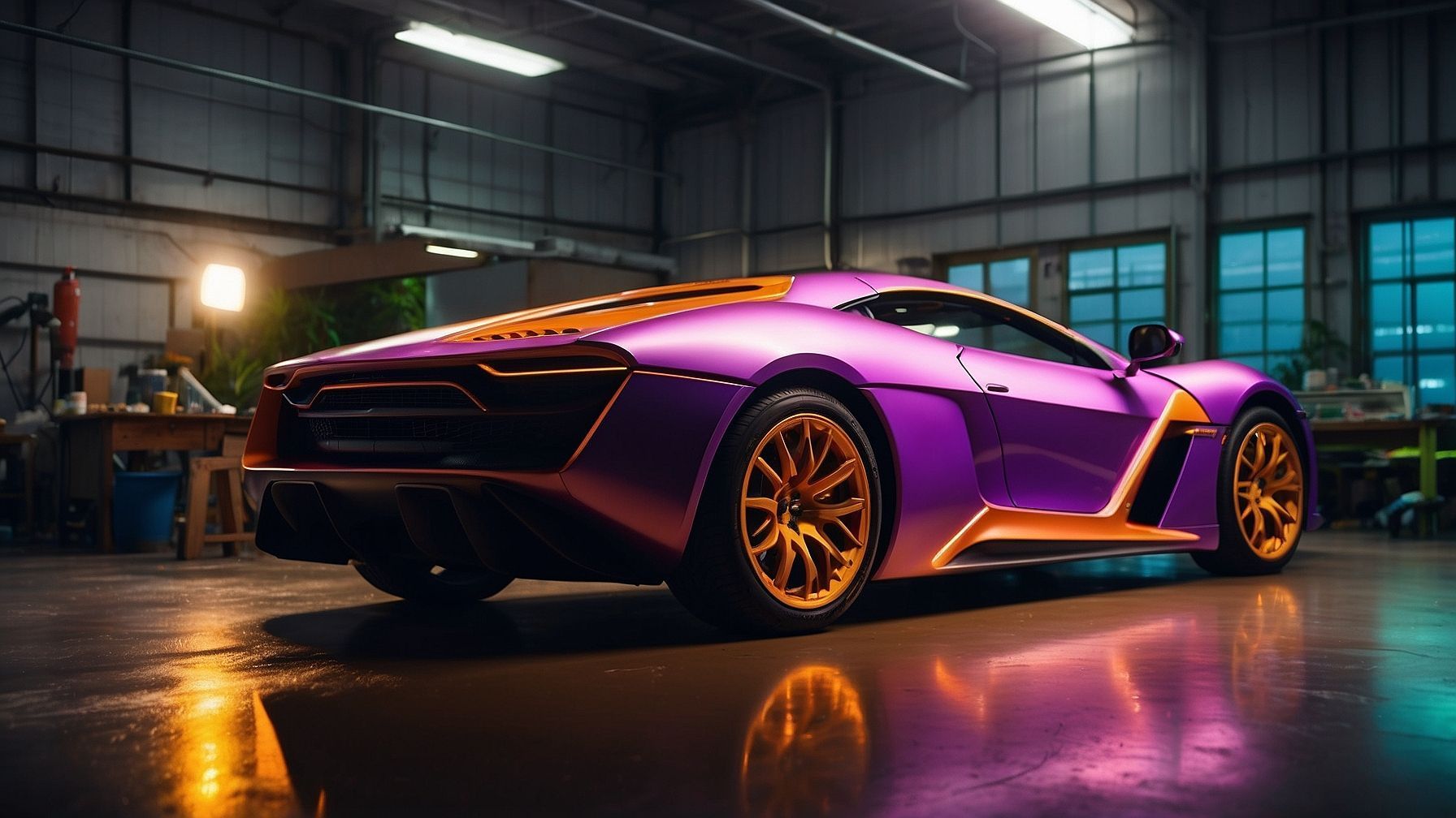A purple and orange sports car is parked in a garage.