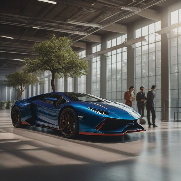 A blue sports car is parked in a building with people standing around it.