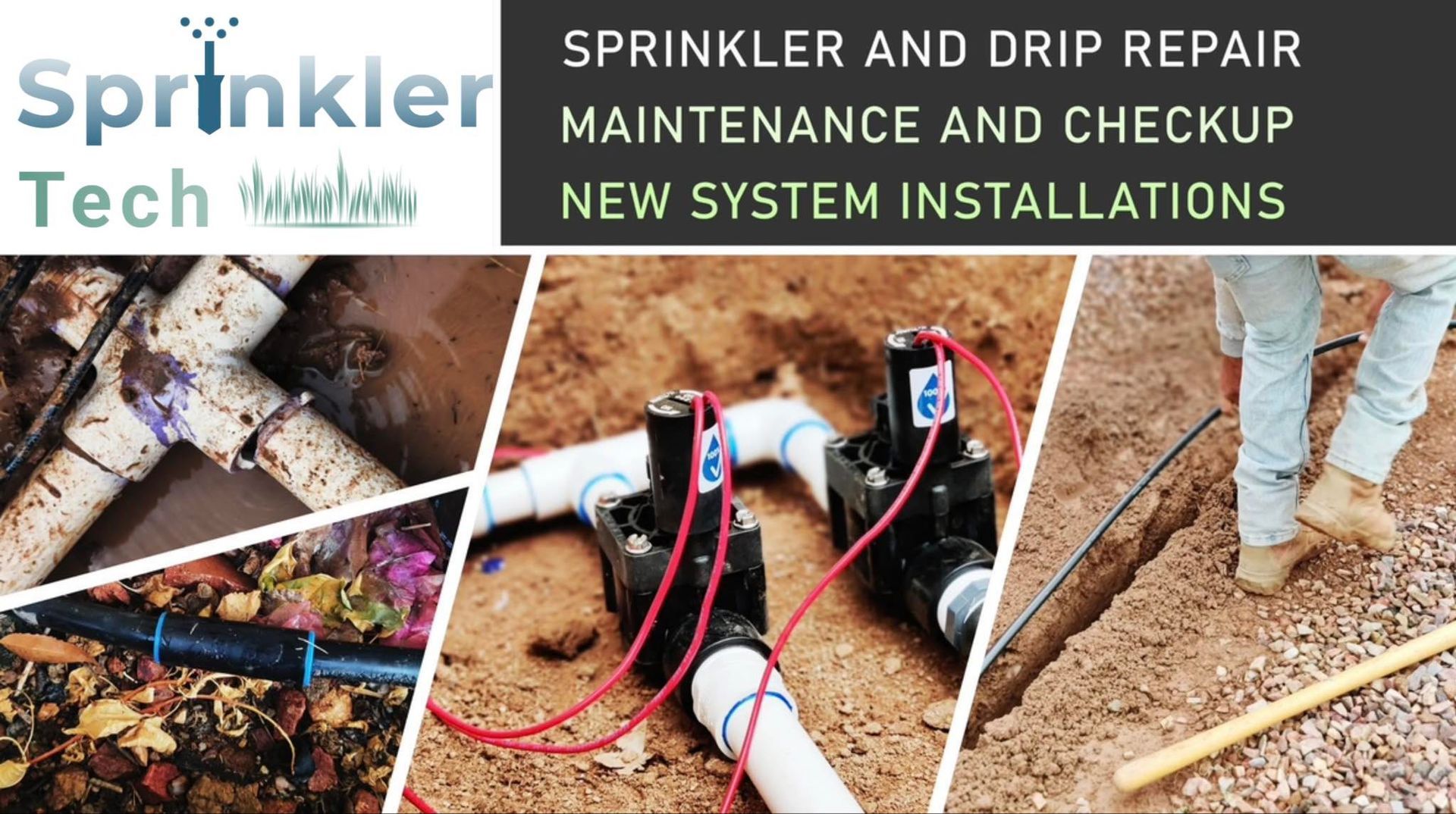 Sprinkler repair service ad: photos of broken pipes, valves, and trenching for installations.