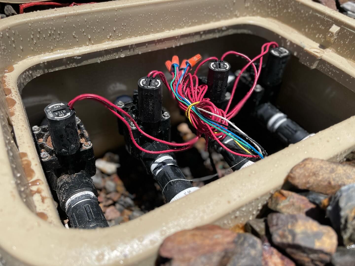 Irrigation valve box with multiple valves and wiring connections. Brown box, black valves, and red/orange wires.