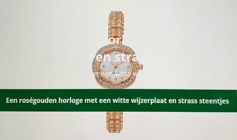 Roségouden polshorloge met witte wijzerplaat, omringd door kleine edelstenen. Tekstoverlay: beschrijving in het Nederlands.