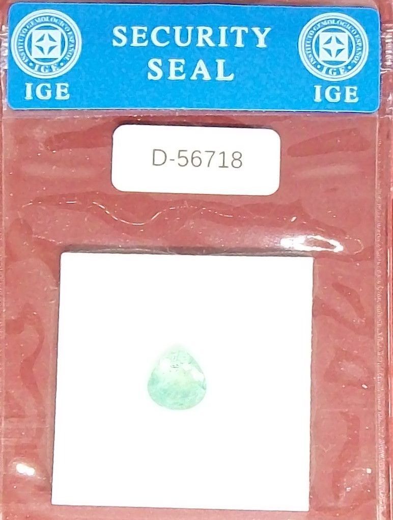 Een traanvormige, lichtgroene steen, verzegeld in een plastic hoesje, gelabeld met "SECURITY SEAL" en "D-56718".