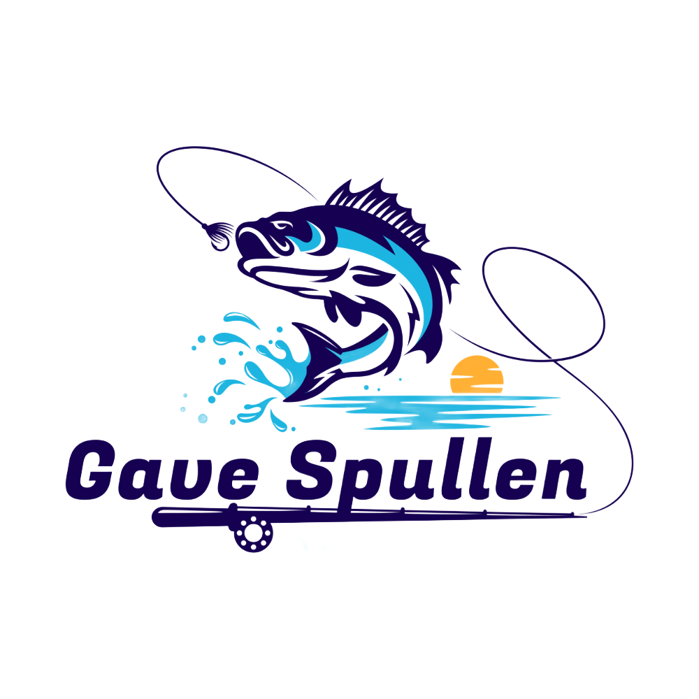 Gave Spullen fishing logo with leaping blue fish, rod line, water splash, and “Nu binnen bereik!”