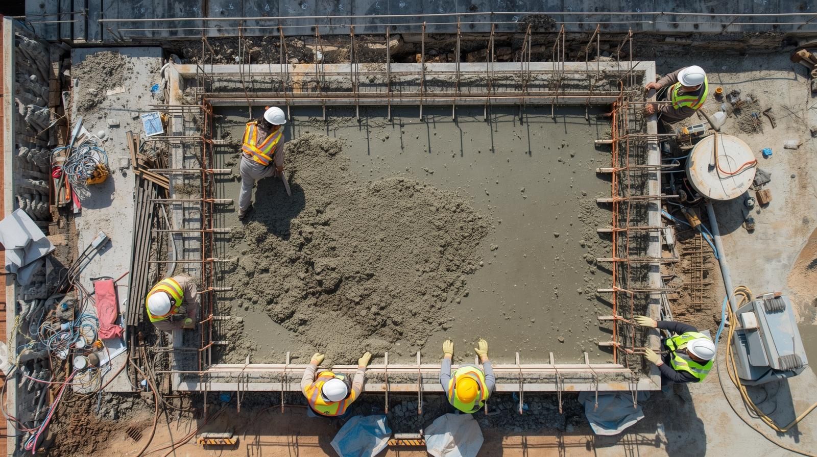 Construction workers pouring and leveling wet concrete within a rectangular framework.