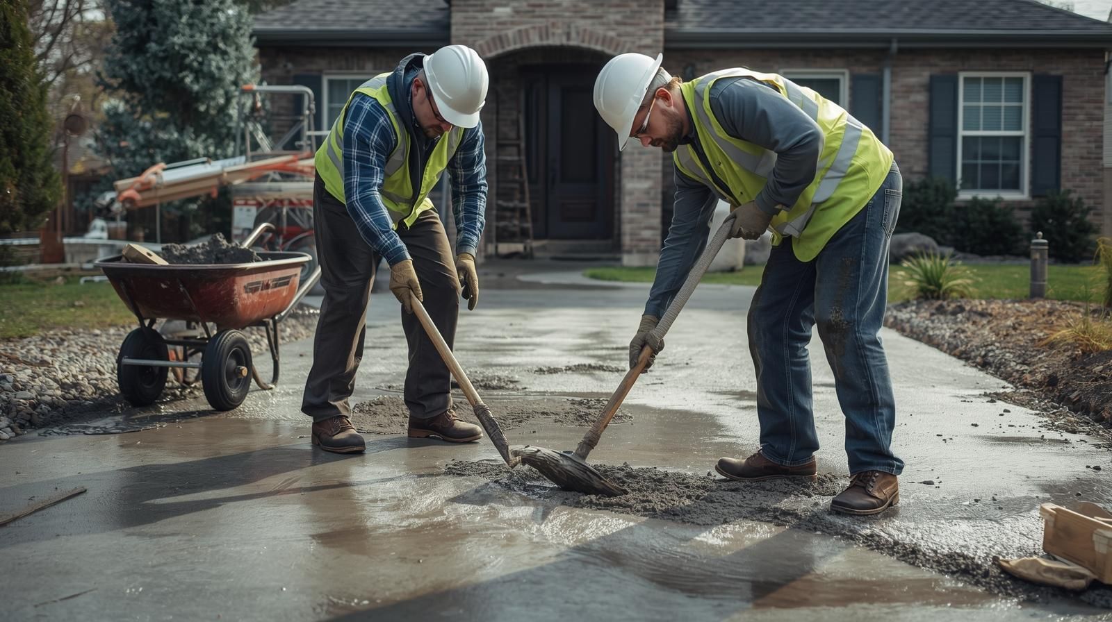 Two construction workers using shovels to spread gravel on a driveway in front of a house.