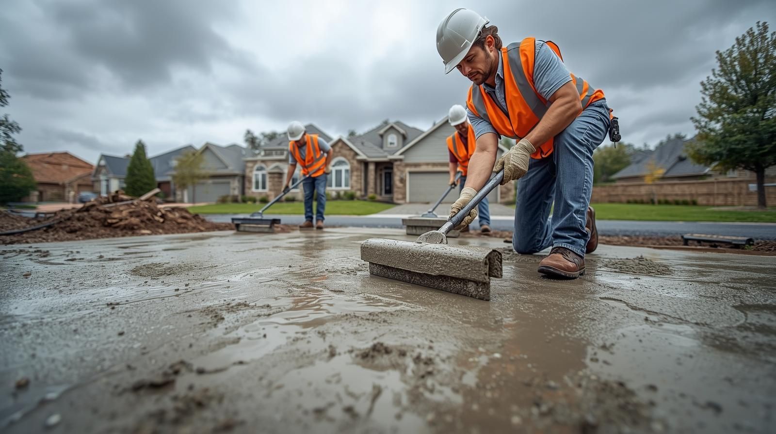 Construction workers leveling wet concrete in a residential street; cloudy day.