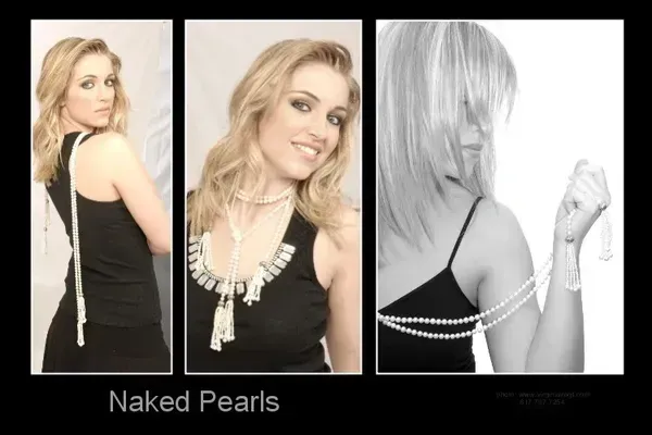 A collage shows a blonde person modeling a long pearl necklace in three poses, with the text 