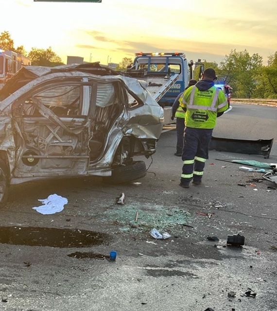 Emergency accident recovery in Bergen County NJ by Nick’s Towing after a serious car crash on the highway.