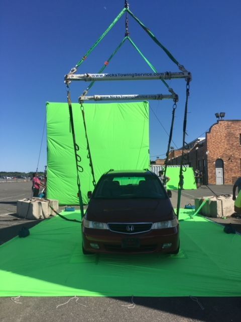 Vehicle rigged for production shoot by Nick’s Towing in NJ—specialty lifts for film and TV services.