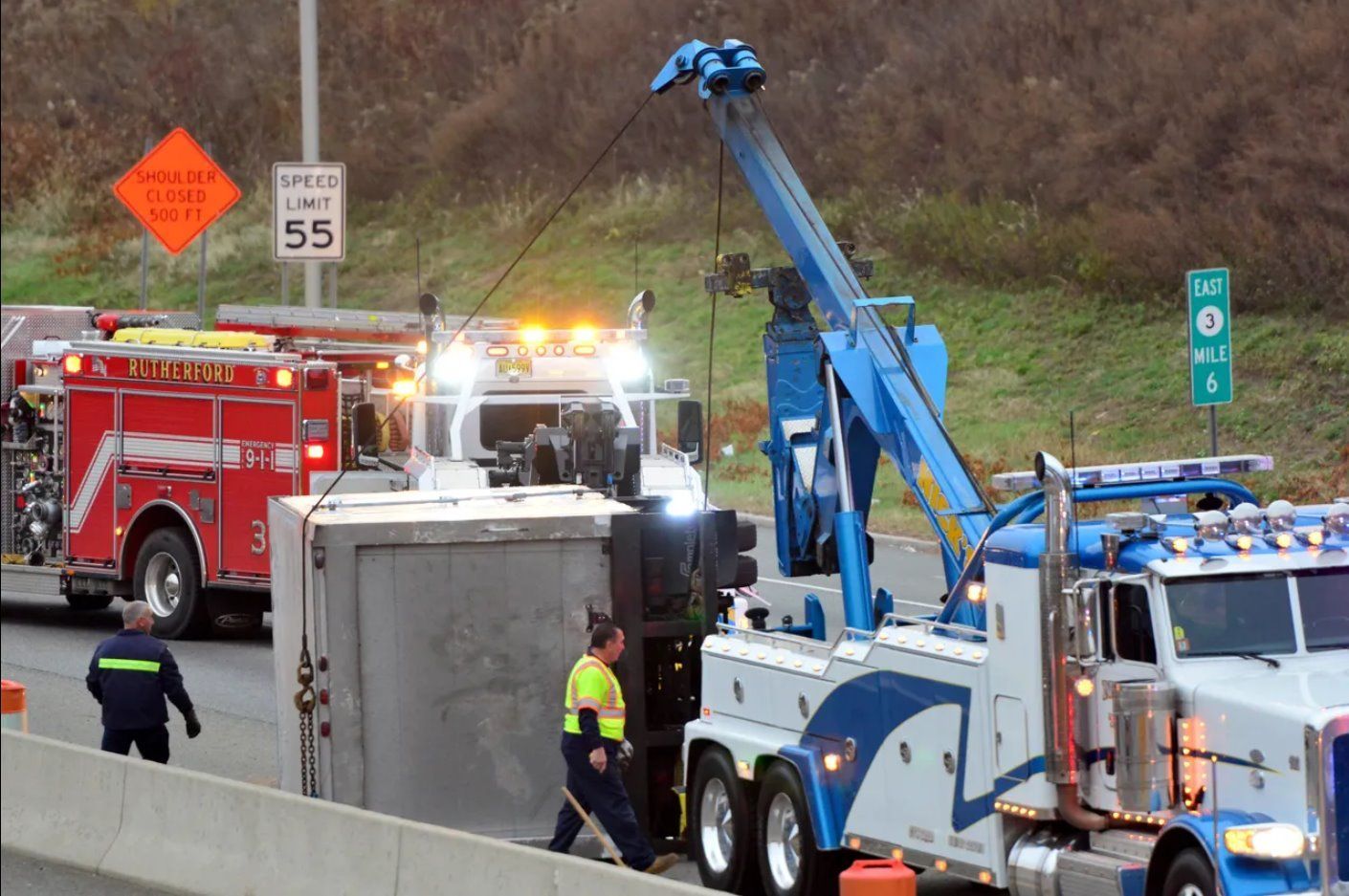 Nick’s Towing in Wallington NJ recovering overturned trailer on Route 3 near Rutherford.