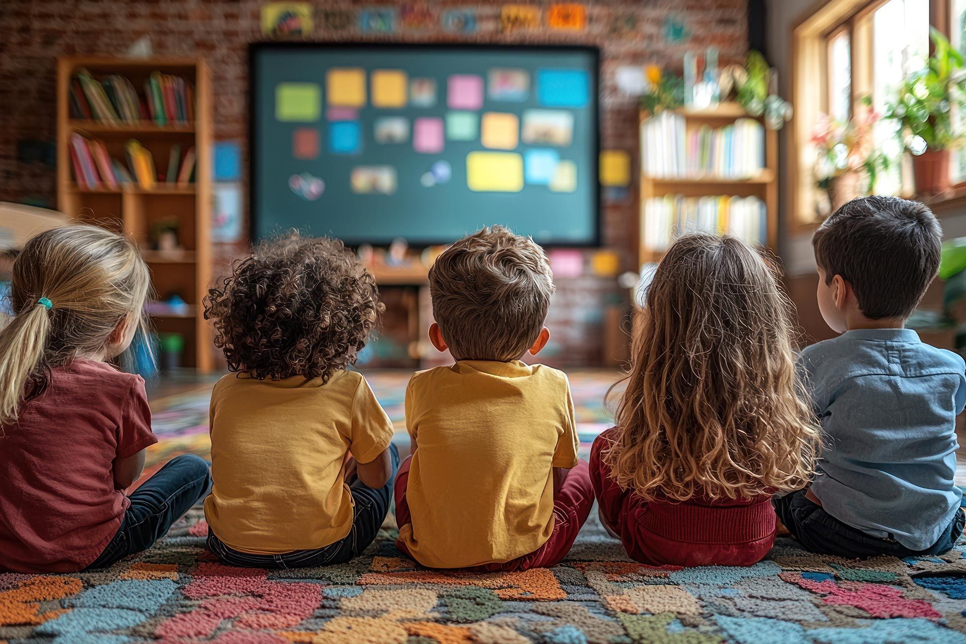 Children in a kindergarten preparatory program watching the board on a rug in a classroom setting.