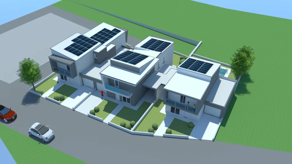 rendering dall'alto di villette e giardino