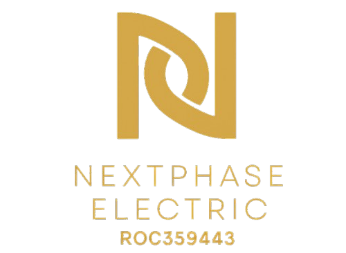 Gold logo of Nextphase Electric: intertwined "N" and "P" letters over the company name and license number.