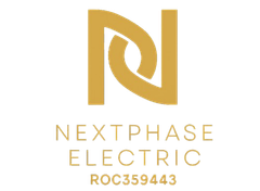 Gold logo of Nextphase Electric: intertwined "N" and "P" letters over the company name and license number.