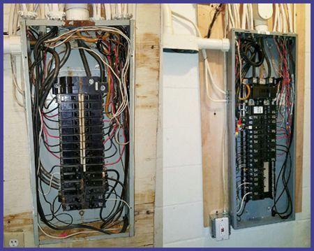 Two open electrical breaker panels with exposed wires mounted on wood walls.