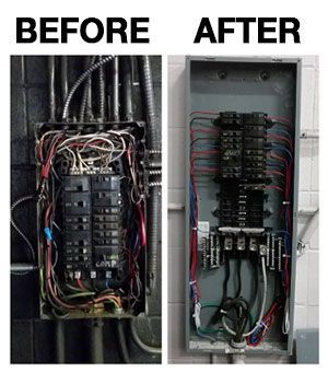 Electrical panel before and after rewiring, showing a disorganized panel and a neatly organized one.
