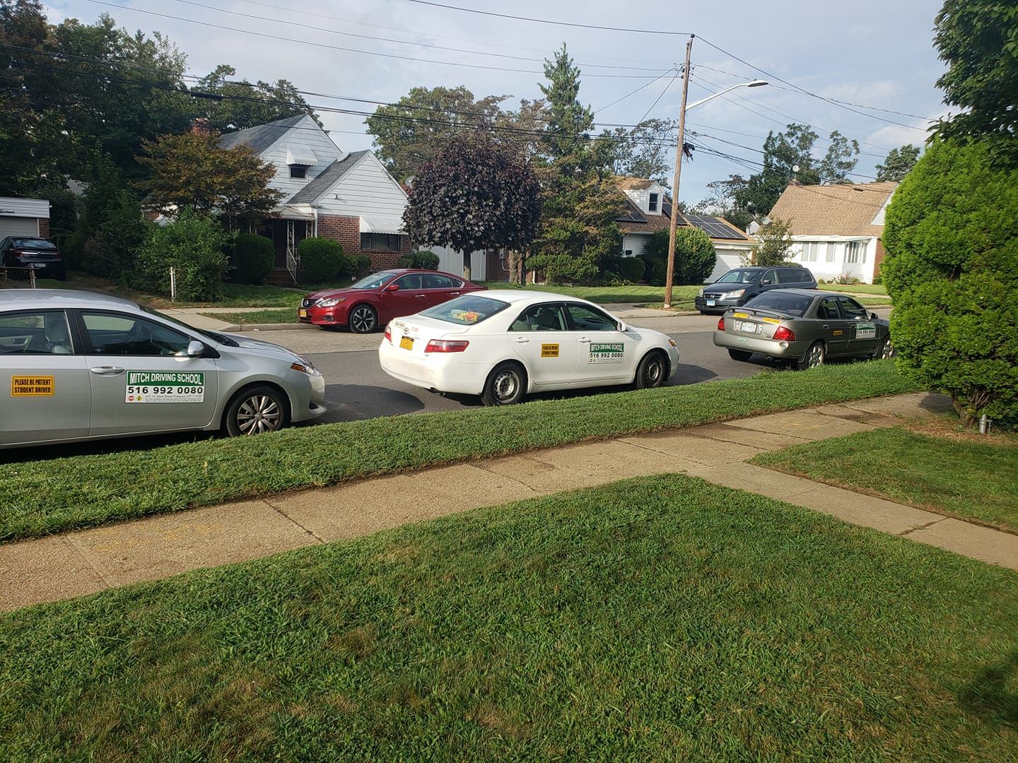 A row of parked sedans, including silver and white taxis, on a suburban street with houses and trees in the background.