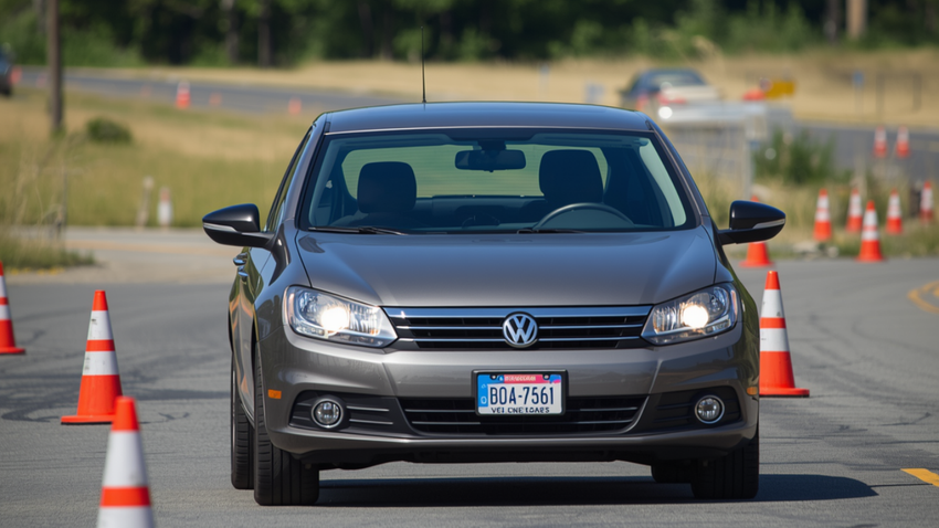 A gray Volkswagen sedan driving through an orange traffic cone course on an outdoor road.
