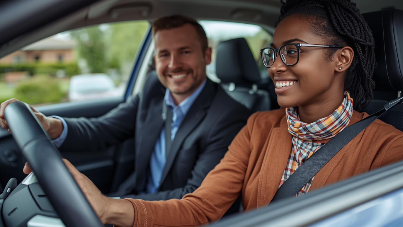 A smiling person in a brown blazer drives a car, accompanied by a smiling person in a suit sitting in the passenger seat.