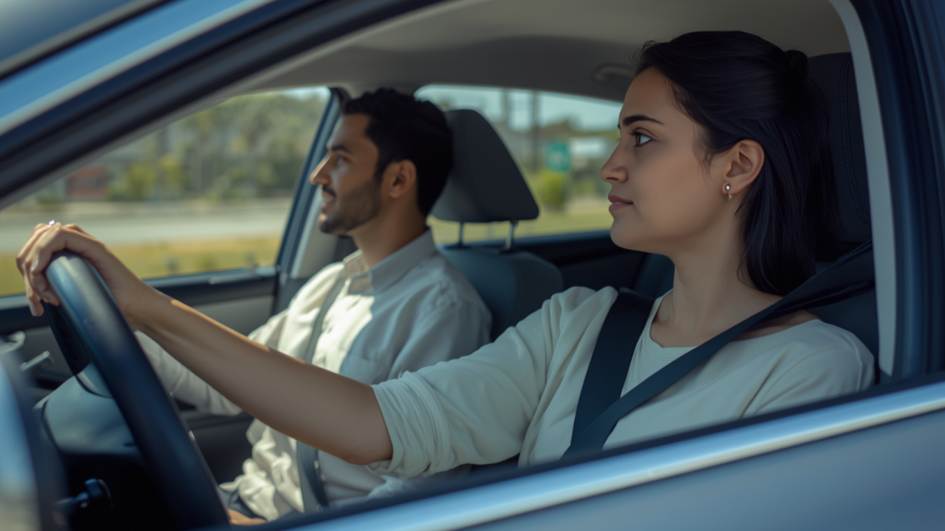 A person driving a car with a passenger in the front seat, both looking forward while on a road.