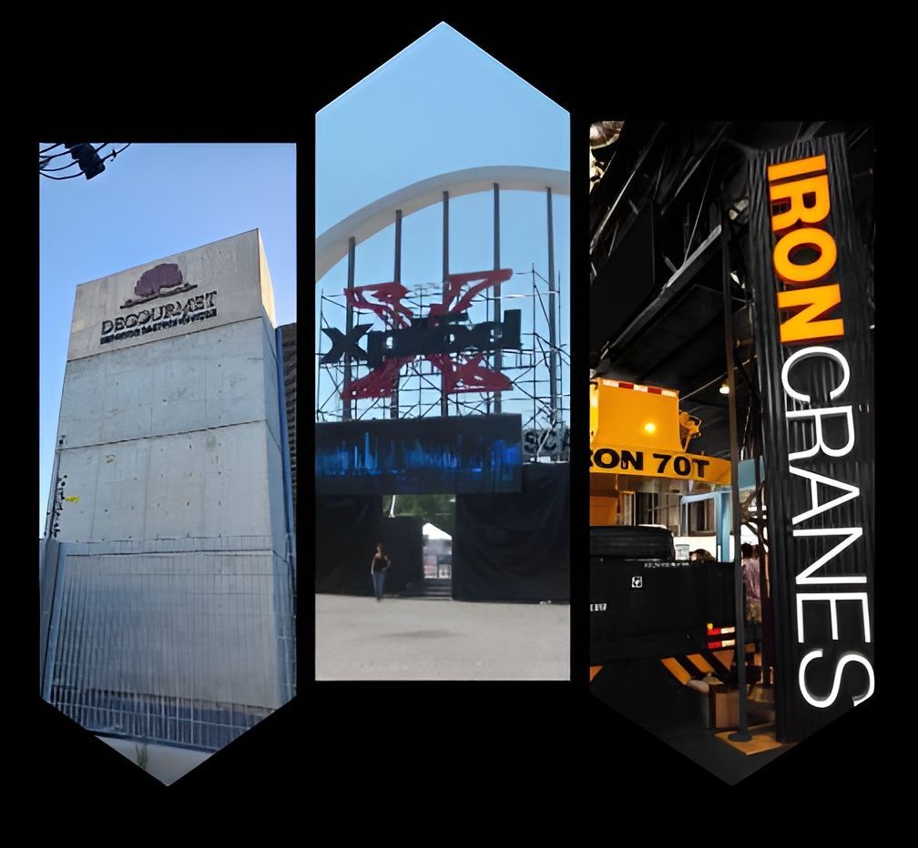 Imagen en tres partes: edificio con cartel de 