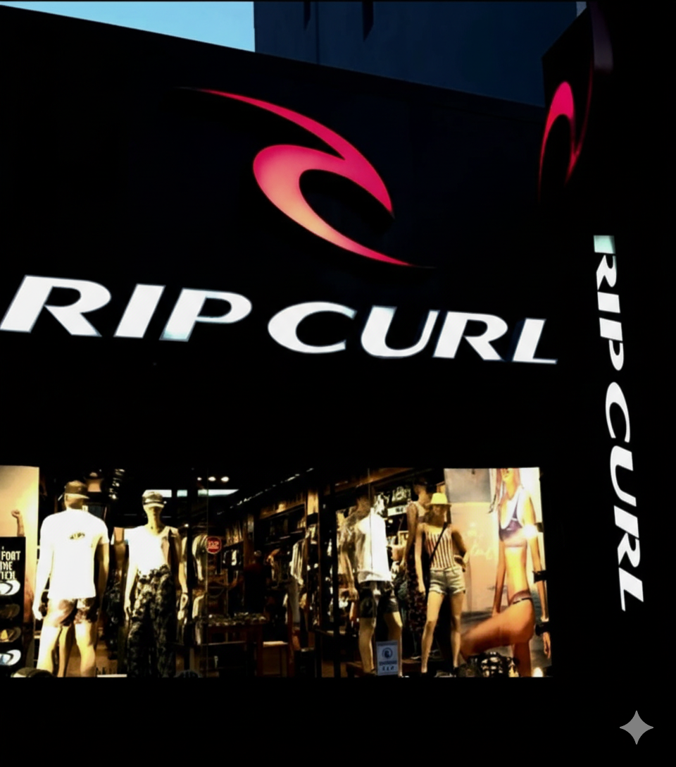 Letrero de tienda Rip Curl con logotipo y maniquíes en el expositor. Fondo negro y texto blanco.