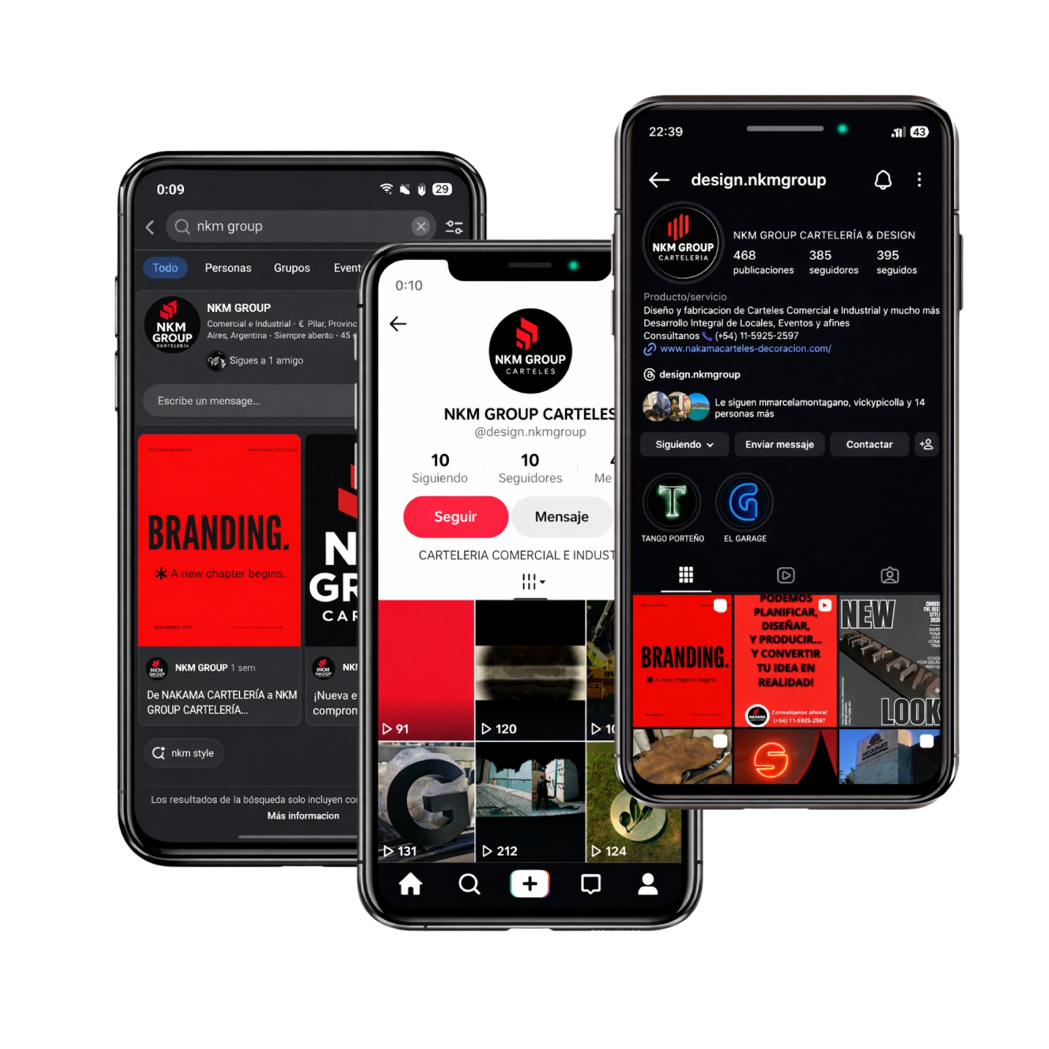 Tres teléfonos inteligentes que muestran contenido de redes sociales con fondos rojos y oscuros.