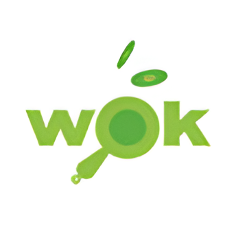 Logotipo "wok" verde con ilustración de wok y tres formas de hojas.