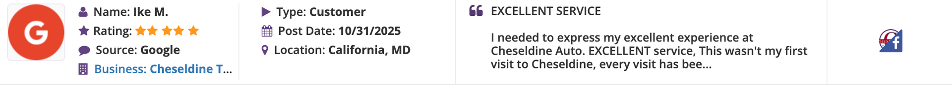 5 star review by Ike M, Review states: EXCELLENT SERVICE
I needed to express my excellent experience at Cheseldine Auto. EXCELLENT service, This wasn't my first visit to Cheseldine, every visit has been the same. Again, THANK YOU CHESELDINE AUTO!!!!