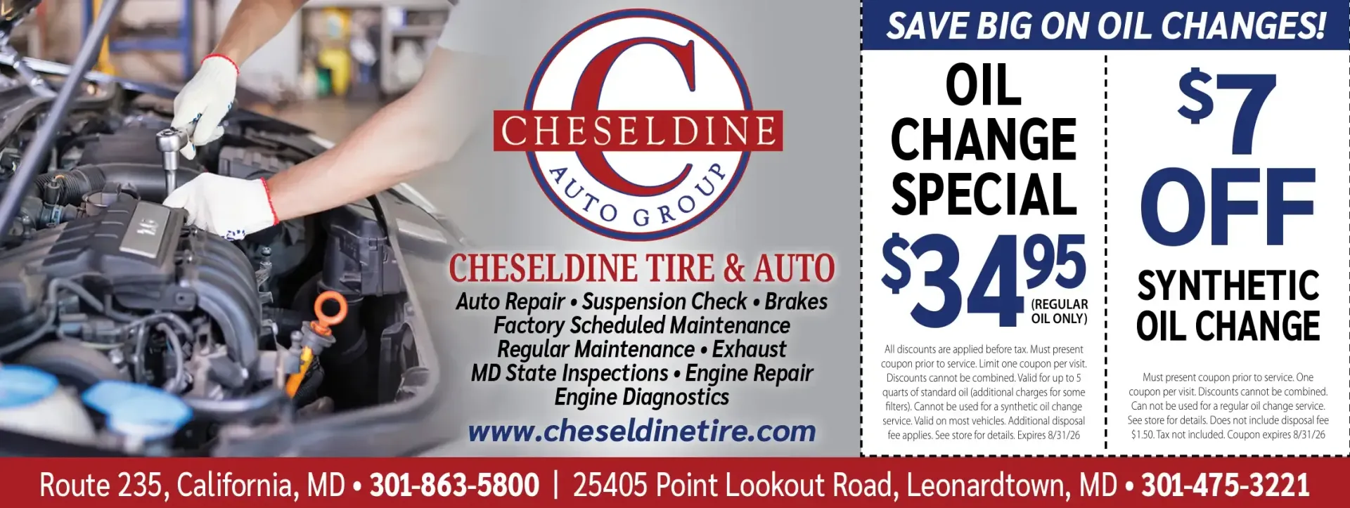 Checheline Tire & Auto oil change special ad, $34.95, $7 off synthetic oil change.
