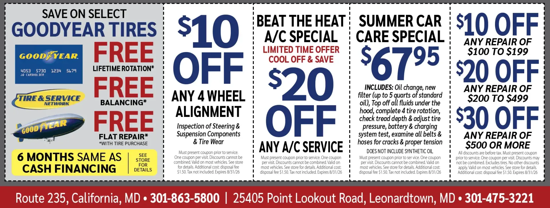 Goodyear tire shop promo banner with free installation and discounts on alignment, service, and tires.