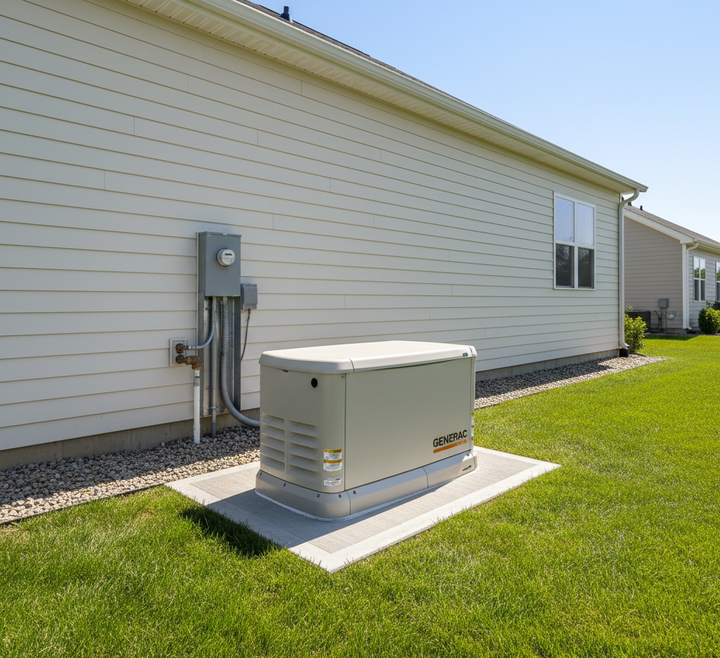 Generator next to a house on a concrete pad. Gray siding, green grass, clear sky.