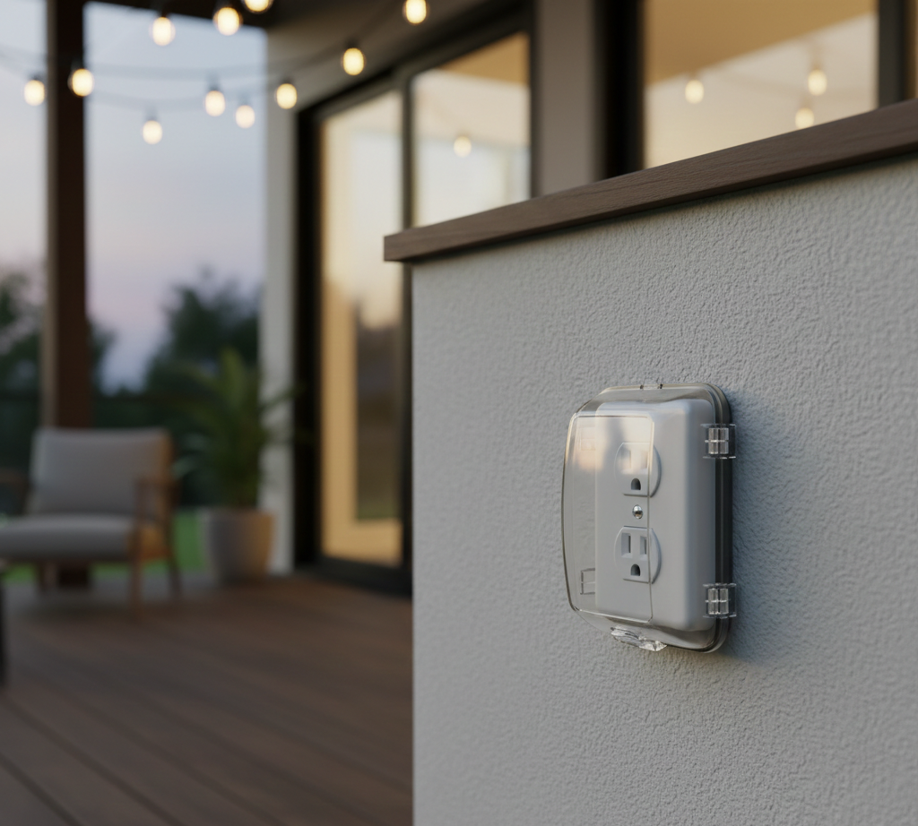 Outdoor electrical outlet with clear protective cover on a textured wall.