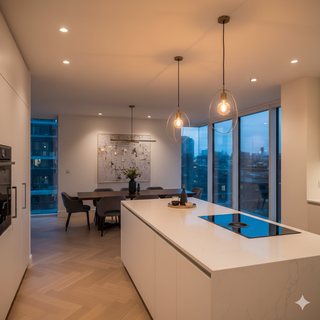 Modern kitchen with island, dining area, and city views through large windows. Warm lighting.