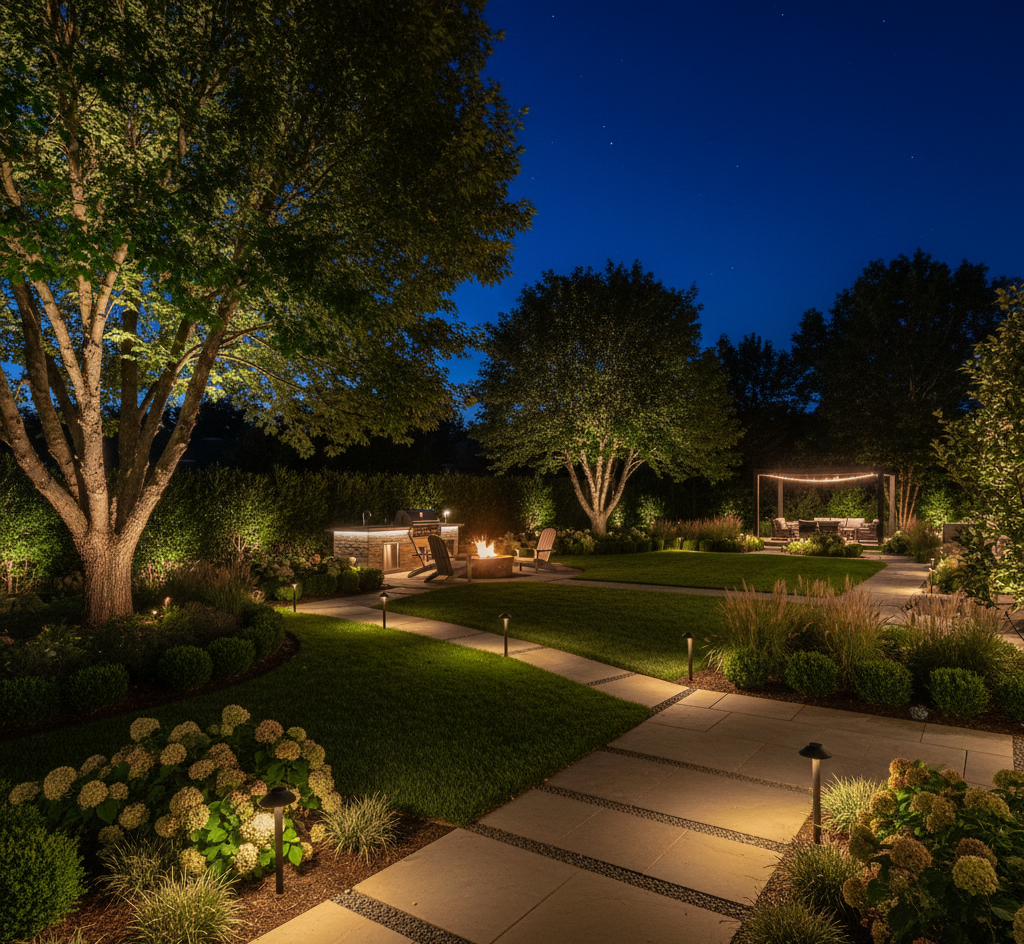Nighttime garden with illuminated trees, pathways, and fire pit.