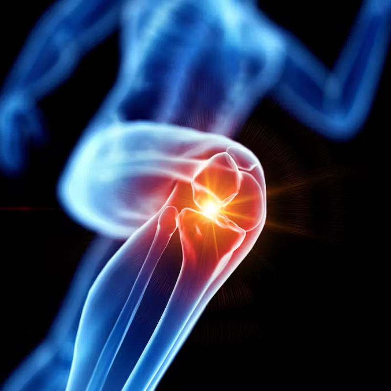 An x-ray of a person 's knee with a red spot on it.