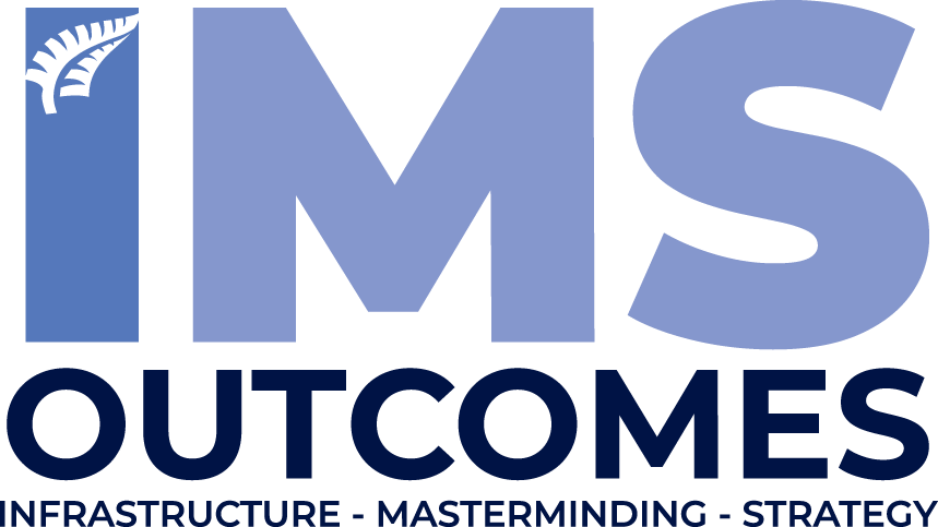 Logo for IMS Outcomes with a silver fern icon, featuring the text "IMS OUTCOMES" and "INFRASTRUCTURE - MASTERMINDING - STRATEGY"